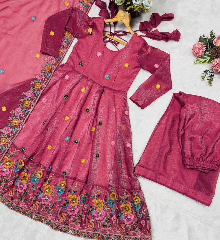 Malishka Export Pink Embroidered Anarkali Gown With Dupatta for Women - Image 5